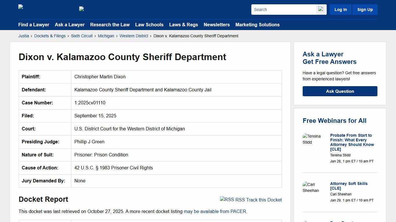 Dixon v. Kalamazoo County Sheriff Department 1:2025cv01110 U.S. District Court for the Western District of Michigan Justia
