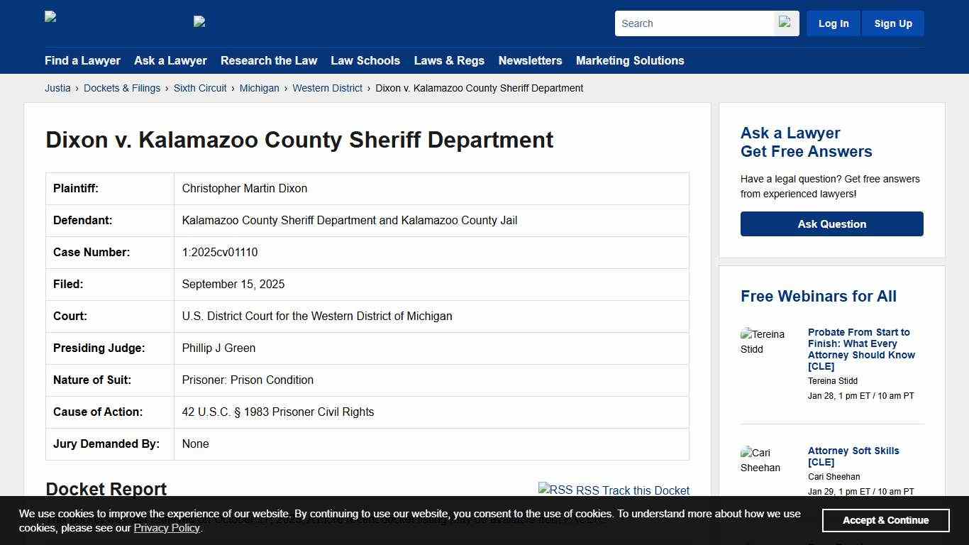 Dixon v. Kalamazoo County Sheriff Department 1:2025cv01110 U.S. District Court for the Western District of Michigan Justia